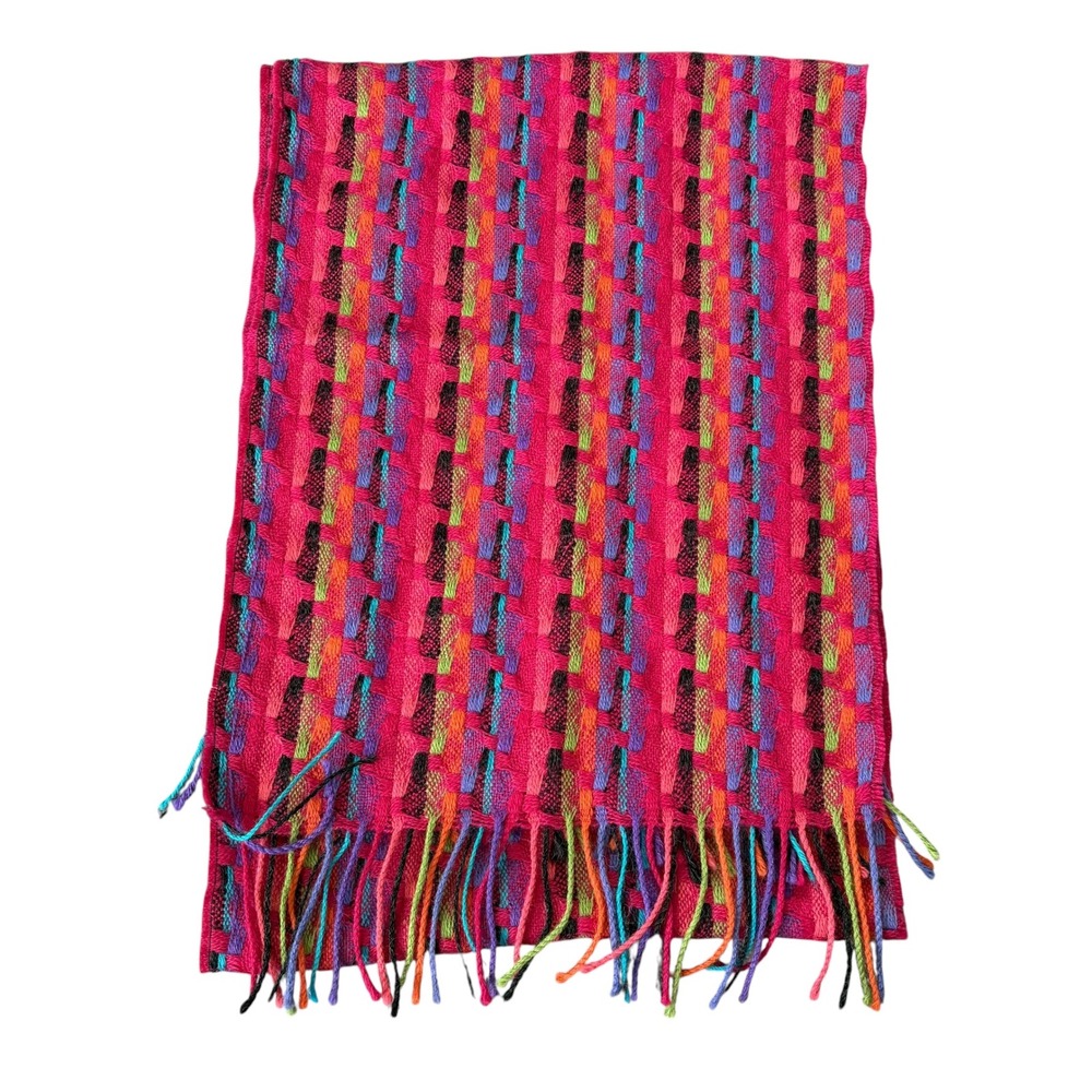 Baby Alpaca Woven Scarf Pink Multi Color Geometric Fringe Made in Peru Dopamine